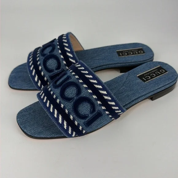 Gucci 36.5 Denim Jean Jane Logo Blue Stripe Slides Sandals E950 - Picture 10 of 14